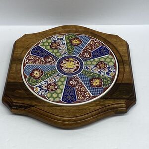 Wood & Ceramic Trivet Floral Pattern Japan Footed Vtg Kitchen Decor